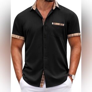 Men's Black Short-Sleeve Button-Up Collar Shirt with Plaid Trim